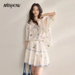 MISHOW Beach Vacation Embroidery 2 Pcs Set Summer Tassel Tie V Neck Ruffle Blouse Contrast Lace Tiered Mini Skirt Set MXF25T1637