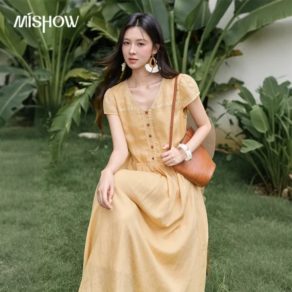 MISHOW Women’s Ramie Midi Dress 2026 Summer French V Neck Lace Trim Short Sleeve Dress High Waist Flowy Long Dresses MXF20L2770