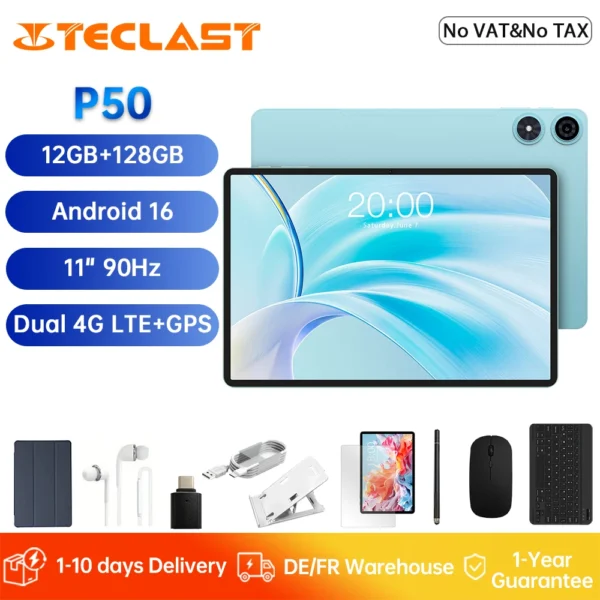 Teclast P50 Tablet 11″ Android 16 90Hz Display T606 8-Core 12GB RAM (4GB+8GB) 128GB ROM 4G LTE GPS WiFi BT5.0 7000mAh Type-C