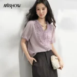 MISHOW Lace Splicing Small Shirt For Women 2026 Summer New V-Neck Air Sensing Sleeves Romantic Temperament Blouse MXF25X2660