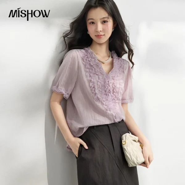 MISHOW Lace Splicing Small Shirt For Women 2026 Summer New V-Neck Air Sensing Sleeves Romantic Temperament Blouse MXF25X2660