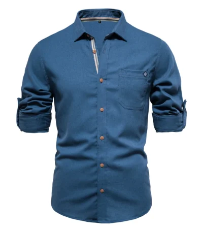 AIOPESON 100% Cotton Social Men's Shirts Single Pocket Solid Color Long Sleeve Shirts for Men Turn-down Collar Blouse Spring Men 1
