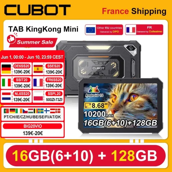 Cubot Tab KingKong Mini Android 15 Rugged Tablet 16GB(6+10) 128GB 10200mAh 8.68” 90Hz Screen Camping Light 48MP Camera GPS Pad