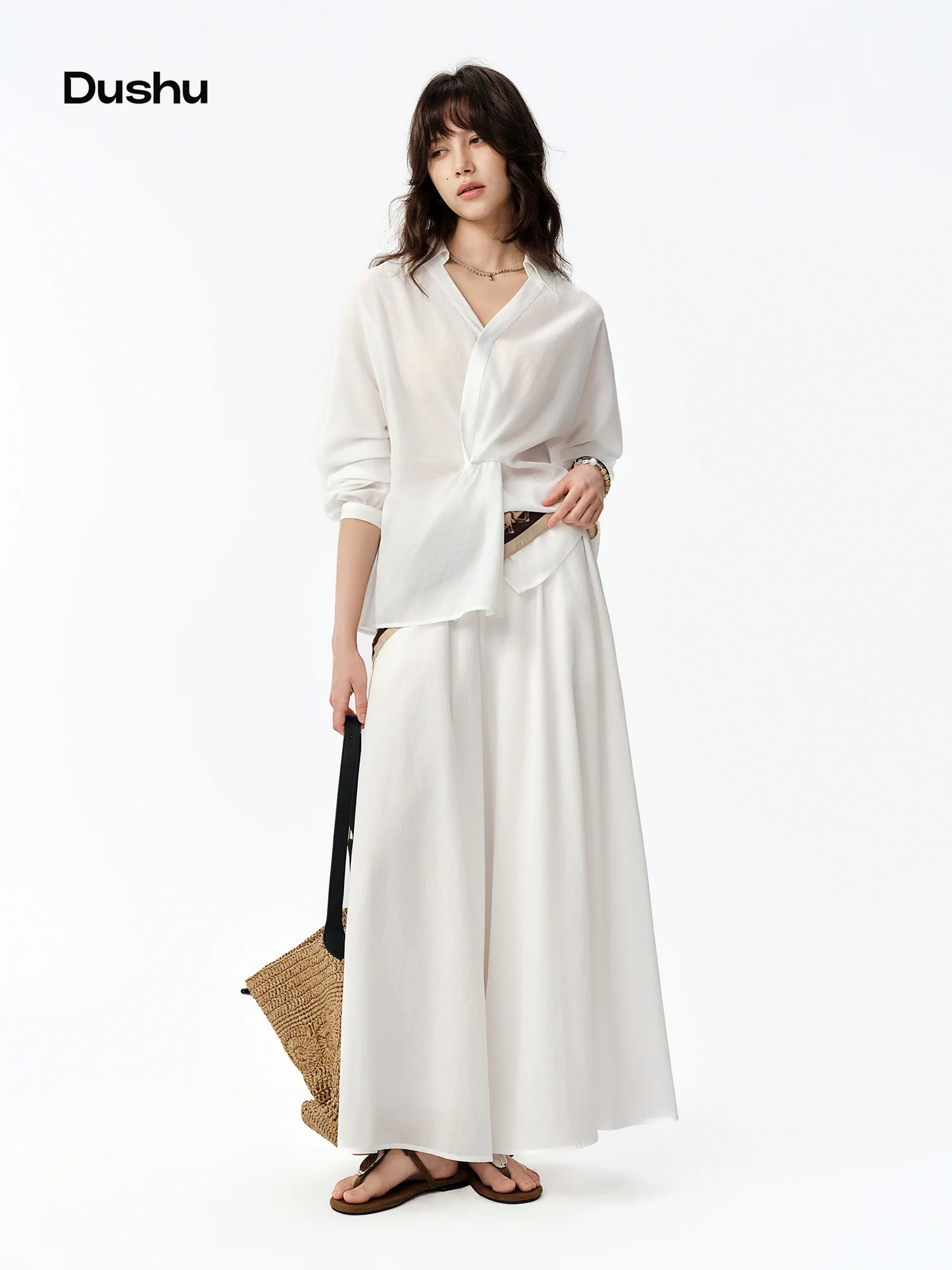 DUSHU Simple Casual Culottes Women Skirt Pants Wide Leg Loose Summer Elastic Waist Versatile Commuter White Trousers Trendy DUSHU Simple Casual Culottes Women Skirt Pants Wide Leg Loose Summer Elastic Waist Versatile Commuter White Trousers Trendy