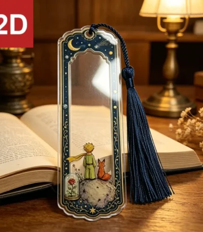 2pcs Vintage Little Prince Acrylic Bookmark, Starry Moon Fox Rose Print Page Marker with Navy Tassel,Reading Accessory Gift 1
