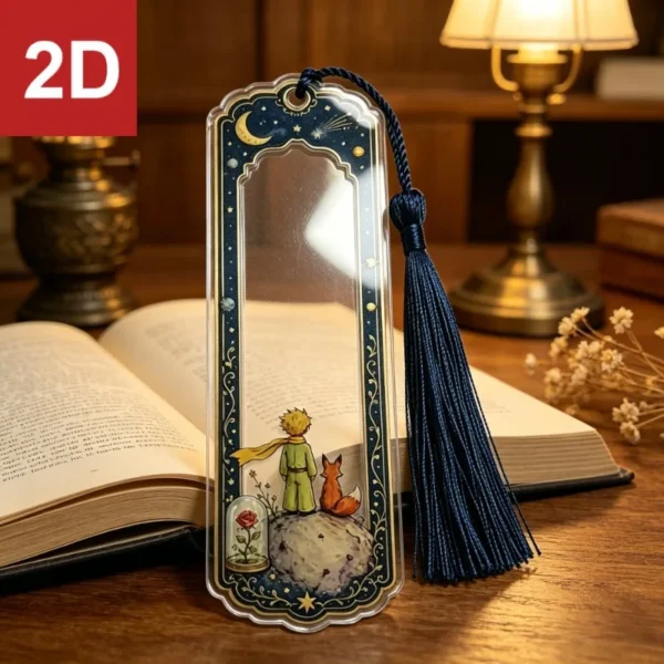 2pcs Vintage Little Prince Acrylic Bookmark, Starry Moon Fox Rose Print Page Marker with Navy Tassel,Reading Accessory Gift