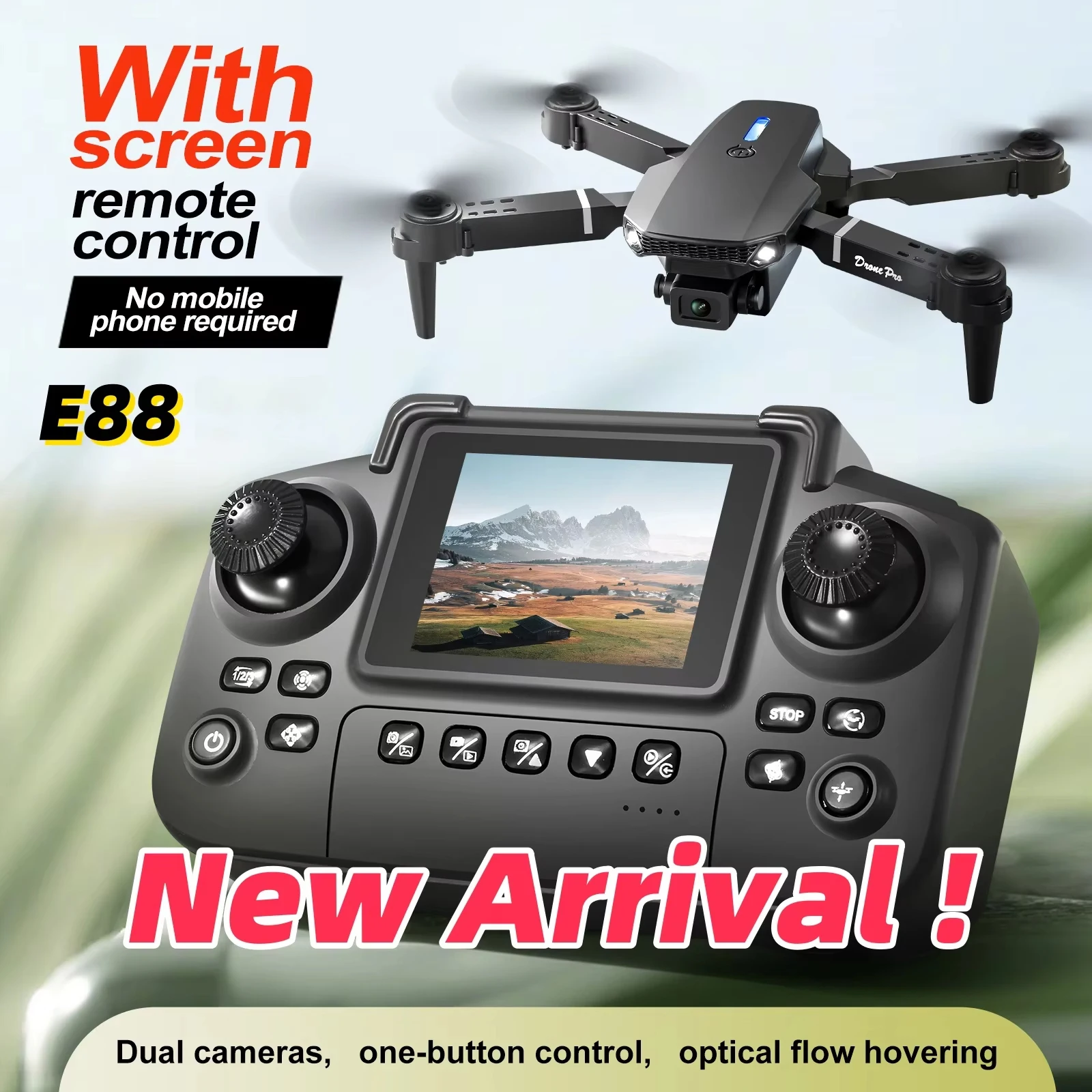 New Upgrade E88 Drone Remote Control with Screen Dual Camera Optical Flow Localization 2.4GRC Quadcopter Onebutton Takeoff Drone New Upgrade E88 Drone Remote Control with Screen Dual Camera Optical Flow Localization 2.4GRC Quadcopter Onebutton Takeoff Drone