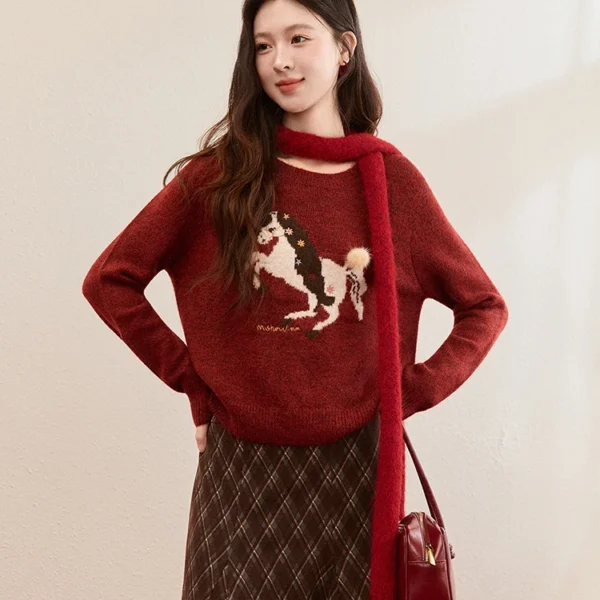 MISHOW Women’s Christmas Red Jacquard Embroidered Pony Sweater 2025 Winter Thick Knitted Tops (Scarf Not Included) MXE94Z2861