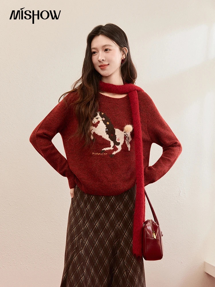 MISHOW Women’s Christmas Red Jacquard Embroidered Pony Sweater 2025 Winter Thick Knitted Tops (Scarf Not Included) MXE94Z2861 MISHOW Women’s Christmas Red Jacquard Embroidered Pony Sweater 2025 Winter Thick Knitted Tops (Scarf Not Included) MXE94Z2861