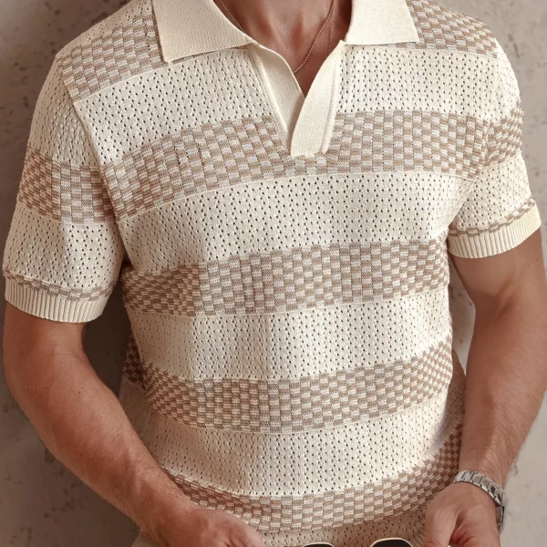 Daily Casual Mens Knitted Polo Shirts 2026 Summer Fashion Striped Contrast Color Knit Pullovers Men Stylish Turn-down Collar Top