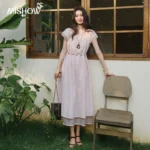 MISHOW Pink Square Neck Short Sleeve Dresses Summer Drawstring Waist Double Layer Irregular Hem Vacation Midi Dress MXF20L2775