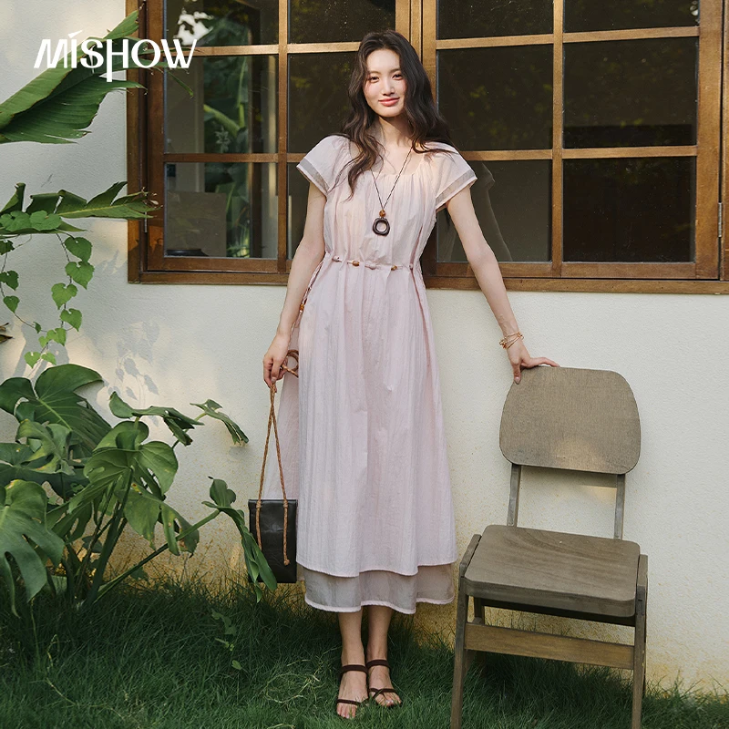MISHOW Pink Square Neck Short Sleeve Dresses Summer Drawstring Waist Double Layer Irregular Hem Vacation Midi Dress MXF20L2775 1