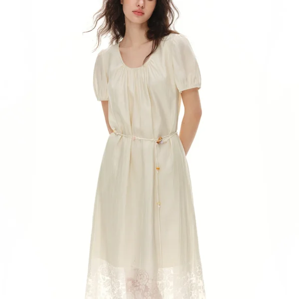 DUSHU Women’s Summer Jacquard Dress Soft Light Rose Pattern Mesh U-Neck Puff Sleeve High Waist Casual Midi Dress Apricot 2026