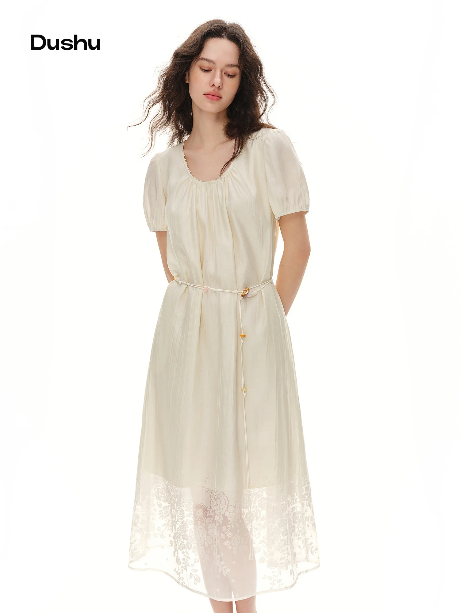 DUSHU Women’s Summer Jacquard Dress Soft Light Rose Pattern Mesh U-Neck Puff Sleeve High Waist Casual Midi Dress Apricot 2026 DUSHU Women’s Summer Jacquard Dress Soft Light Rose Pattern Mesh U-Neck Puff Sleeve High Waist Casual Midi Dress Apricot 2026