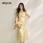 MISHOW Women’s Yellow Midi Dress 2026 Summer New Puff Sleeve Square Neck Embroidered Dress Elegant Vacation Sundress MXE20L2484