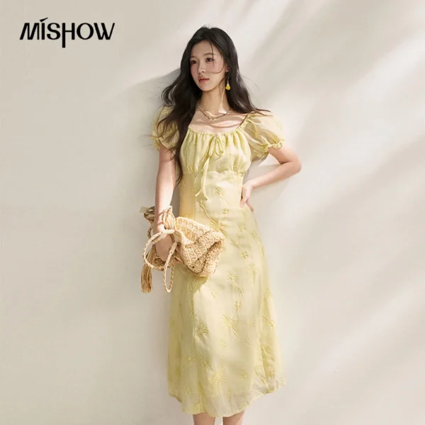 MISHOW Women’s Yellow Midi Dress 2026 Summer New Puff Sleeve Square Neck Embroidered Dress Elegant Vacation Sundress MXE20L2484