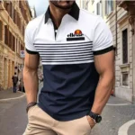 Premium Men’s ellesse Polo Shirt: Skin-Friendly Material, Contrast Collar & Cuffs, Horizontal Stripes with Classic ellesse Logo