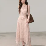 MISHOW Women’s Plaid Spaghetti Strap Midi Dress 2026 Summer Ruched Waist Sweet Irregular Hem Casual Pink Dresses MXF13L2570