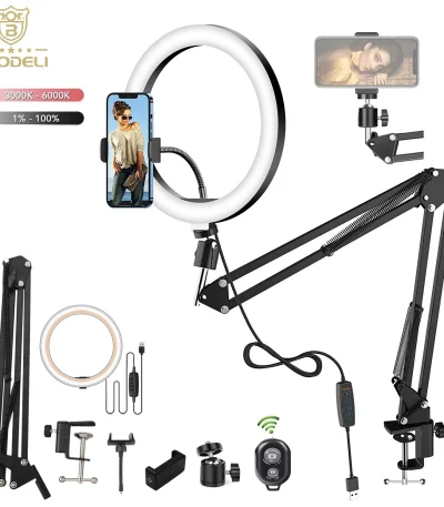 LED Selfie Ring Light Phone Stand With Folding Arm Circle Fill Light Dimmable Tripod Photography RingLight For YouTobe Streaming
