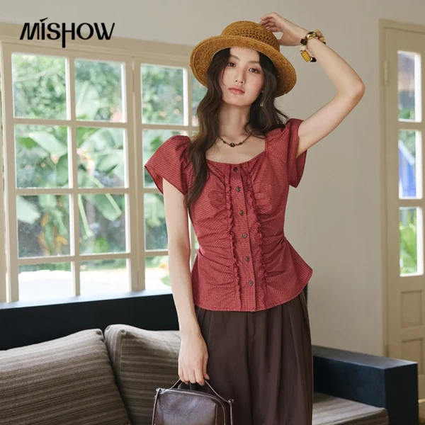 MISHOW Women’s 100% Cotton Vintage Red Plaid Blouse 2026 Summer French Square Neck Ruffle Ruched Waist Slim Blouses MXF20X2741