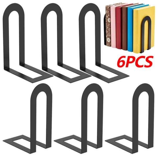 6Pcs Metal Bookends Set Compact Stable Book Holder Minimalist Book Stopper Desktop Storage Accessory for Home Office Decoration