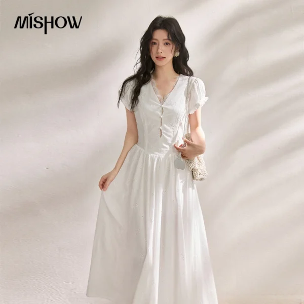 MISHOW 100% Cotton Embroidery White Midi Dress Summer Lace V Neck Ruffle High Waist Slim Romantic Elegant Long Dress MXF25L2680