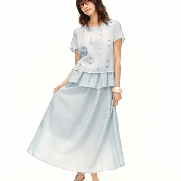 DUSHU 2026 Summer Women’s Powder Blue Ruffle Two Piece Set, Flowy A-Line Midi Skirt Co-ord for Literary Chic & Flattering Style