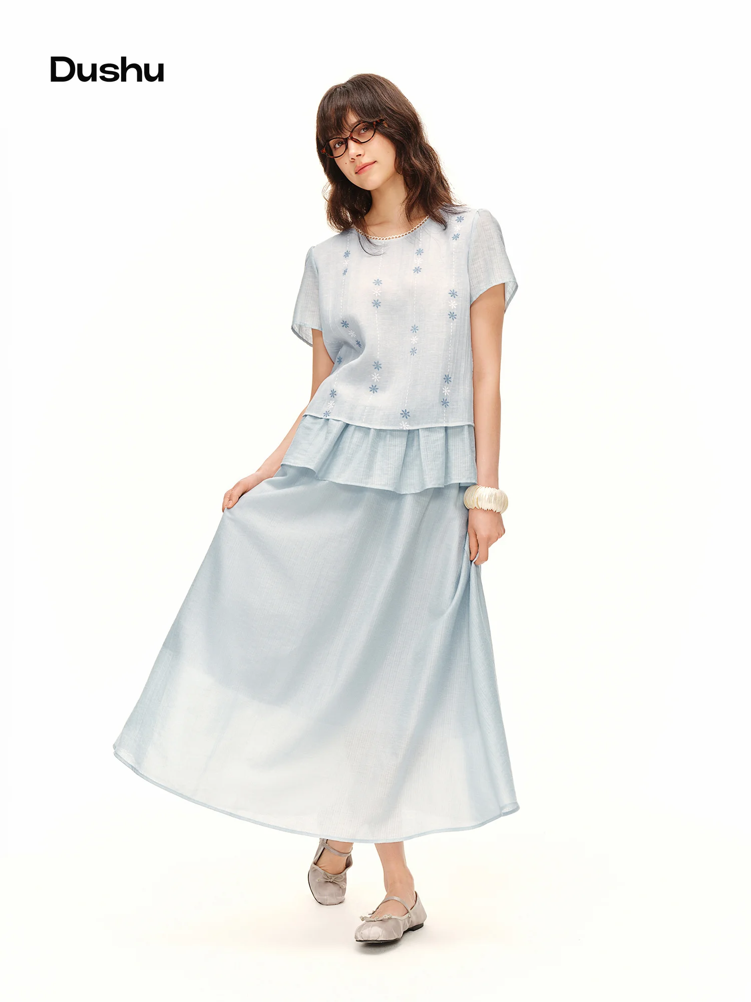 DUSHU 2026 Summer Women’s Powder Blue Ruffle Two Piece Set, Flowy A-Line Midi Skirt Co-ord for Literary Chic & Flattering Style DUSHU 2026 Summer Women’s Powder Blue Ruffle Two Piece Set, Flowy A-Line Midi Skirt Co-ord for Literary Chic & Flattering Style