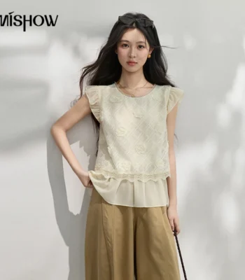 MISHOW Leisure 3D Rose Lace Blouse 2026 Summer New Fly Sleeve Ruffles Breathable French Gentle Temperament Women Top MXF24X2631 1