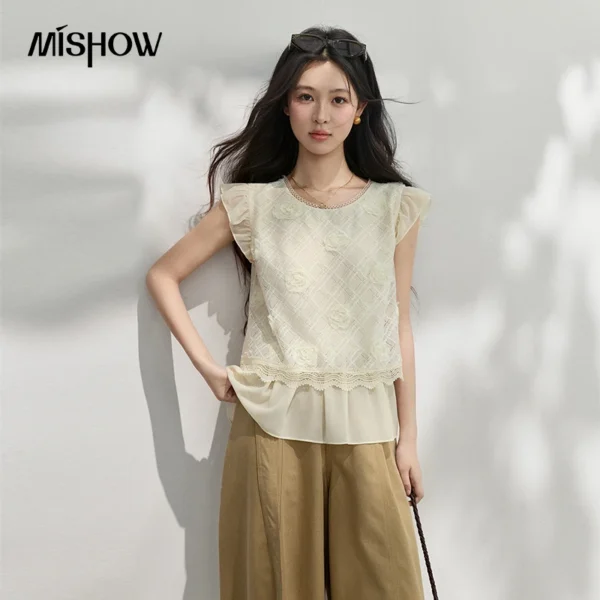 MISHOW Leisure 3D Rose Lace Blouse 2026 Summer New Fly Sleeve Ruffles Breathable French Gentle Temperament Women Top MXF24X2631
