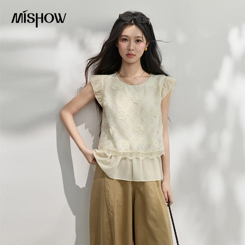 MISHOW Leisure 3D Rose Lace Blouse 2026 Summer New Fly Sleeve Ruffles Breathable French Gentle Temperament Women Top MXF24X2631 MISHOW Leisure 3D Rose Lace Blouse 2026 Summer New Fly Sleeve Ruffles Breathable French Gentle Temperament Women Top MXF24X2631