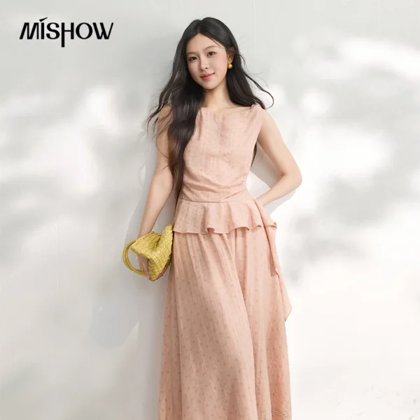 MISHOW Pink Polka Dot 2pcs Set 2026 Summer Sleeveless Square Neck Twist Waist Ruffle Top Lace Hem Midi Skirt Sets MXF29T1690