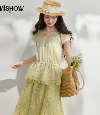 MISHOW French Flower Embroidered Women Top Summer New 2026 V-Neck Lace Rope Cinches Waist Slimming Romantic Blouse MXF24X2625 1