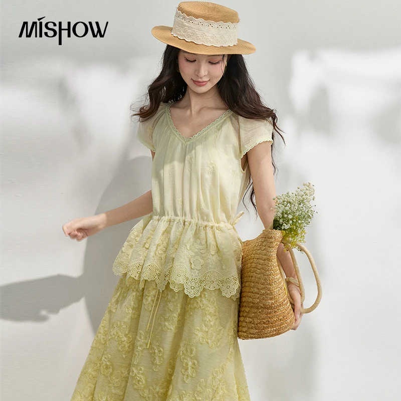 MISHOW French Flower Embroidered Women Top Summer New 2026 V-Neck Lace Rope Cinches Waist Slimming Romantic Blouse MXF24X2625 MISHOW French Flower Embroidered Women Top Summer New 2026 V-Neck Lace Rope Cinches Waist Slimming Romantic Blouse MXF24X2625