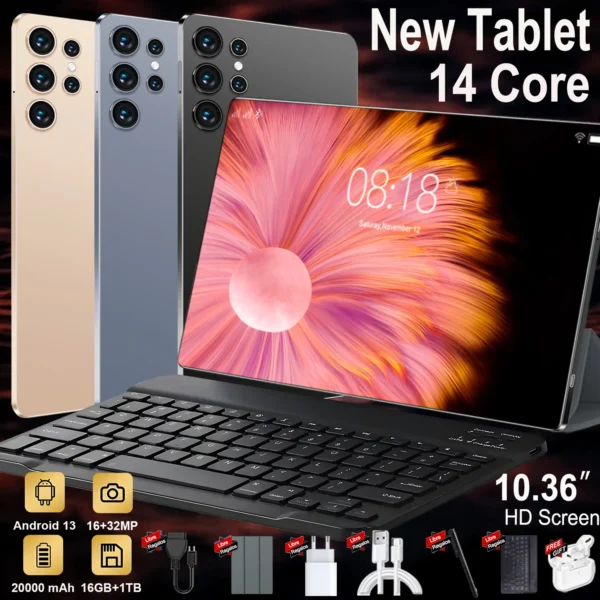 New Global 10.36 Inch Android 13 Tablet PC Trending Hot Item 14 Core Powerful CPU, 16GB Large Memory +1TB Storage, 20000mAh Super Big Battery, Full Support 5G Dual SIM & WiFi, Clear 16MP&32MP Cameras Slim Light Design for Travel Remote Work Streaming