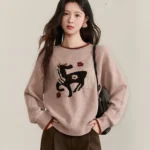 MISHOW Women’s Horse Pattern Knit Sweater Winter Crew Neck Sweaters Collar Cuffs Splice Contrasting Faux Mink Fur Top MXE94Z2863
