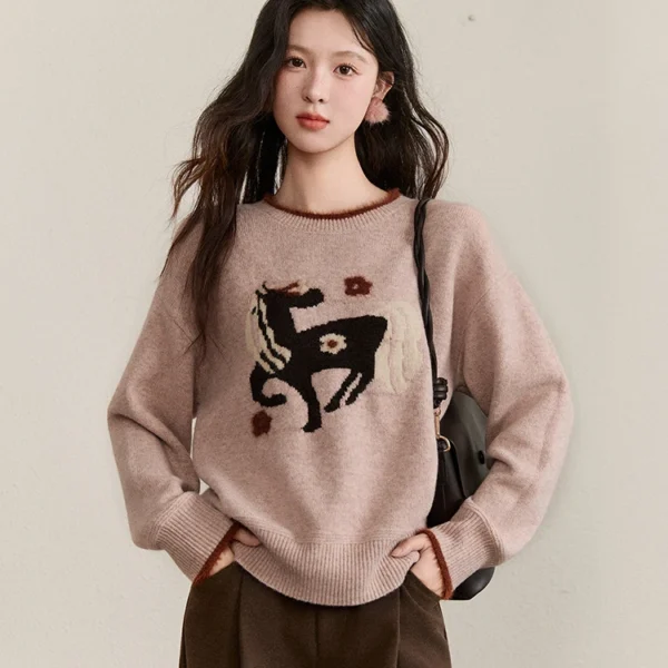 MISHOW Women’s Horse Pattern Knit Sweater Winter Crew Neck Sweaters Collar Cuffs Splice Contrasting Faux Mink Fur Top MXE94Z2863