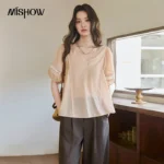 MISHOW Women’s Breathable Peach V Neck Blouse 2026 Summer Lace Hollow Splicing Puff Short Sleeve Loose Fairy Blouses MXF20X2739