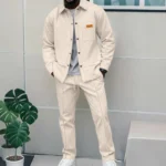 Spring and autumn men’s high-quality waffle pure color placket pocket jacket set – a stylish and casual two-piece outfit