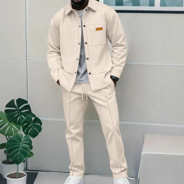Spring and autumn men’s high-quality waffle pure color placket pocket jacket set – a stylish and casual two-piece outfit