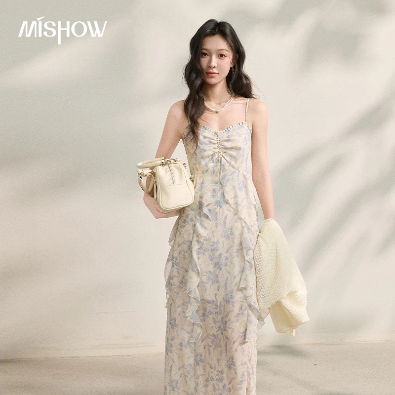 MISHOW Elegant French Style Blue Ruched Ruffle Women's Maxi Dress 2026 Summer Spaghetti Strap Irregular Hem Sundress MXF16L2632 1