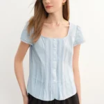 DUSHU French Style Square Collar Lace Stitching Pleated Blouse For Women 2025 Summer New Simple French Style Tops 25DS82821