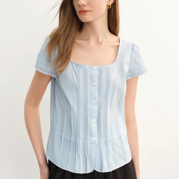 DUSHU French Style Square Collar Lace Stitching Pleated Blouse For Women 2025 Summer New Simple French Style Tops 25DS82821