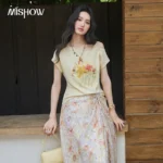 MISHOW Off Shoulder T-Shirt Floral Skirt Set Light Yellow Floral Print Tees Side Drawstring Asymmetric Hem Skirt Set MXF28T1708