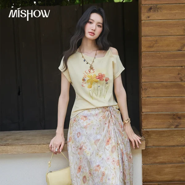 MISHOW Off Shoulder T-Shirt Floral Skirt Set Light Yellow Floral Print Tees Side Drawstring Asymmetric Hem Skirt Set MXF28T1708