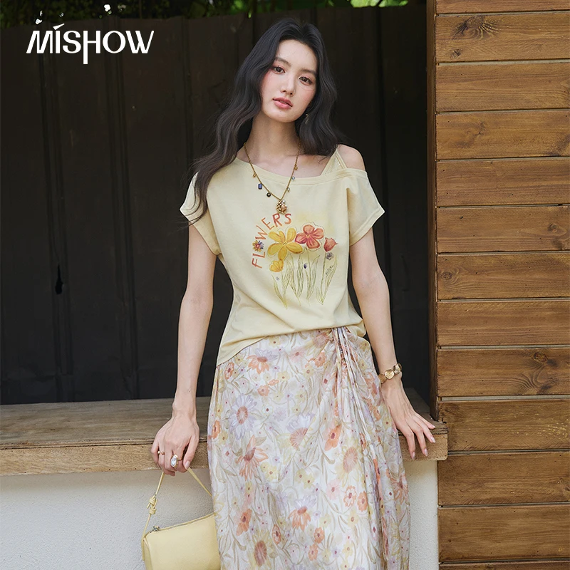 MISHOW Off Shoulder T-Shirt Floral Skirt Set Light Yellow Floral Print Tees Side Drawstring Asymmetric Hem Skirt Set MXF28T1708 1