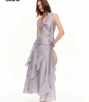 DUSHU [LineSculpt Series] Multi-Size Dress Series Acetate Shiny Slip Top & Acetate Skirt Fashion Set 2026 Summer New Set 1
