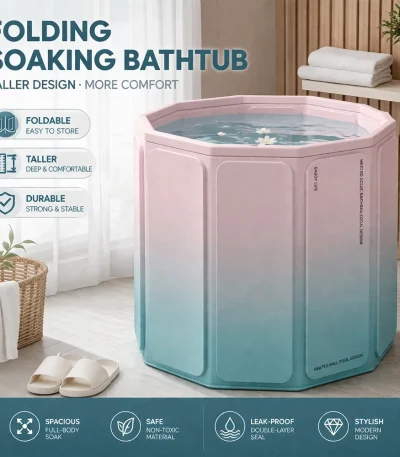 Portable Foldable PVC Bath Tub for Adults & Kids, Bracket-Free Easy Installation, Full Body Soaking Bathtub, Home Spa