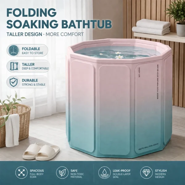 Portable Foldable PVC Bath Tub for Adults & Kids, Bracket-Free Easy Installation, Full Body Soaking Bathtub, Home Spa