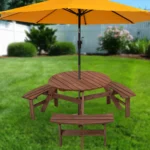 Solid Wood Round Outdoor Picnic Table with 3 Curved Benches, Weatherproof Wooden,Outdoor Patio Dining Furniture with Umbrella HoleWeather Resistant Patio Dining Furniture Set for Garden Backyard Deck
